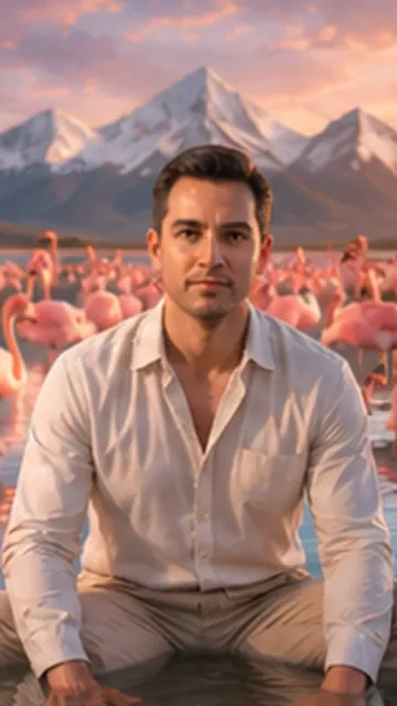Lago de flamencos · Hombre